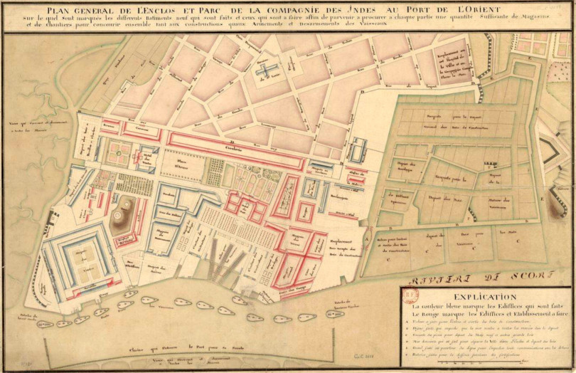 Plan gnral de l'enclos et parc de la Compagnie des Indes au port de l'Orient (1750).