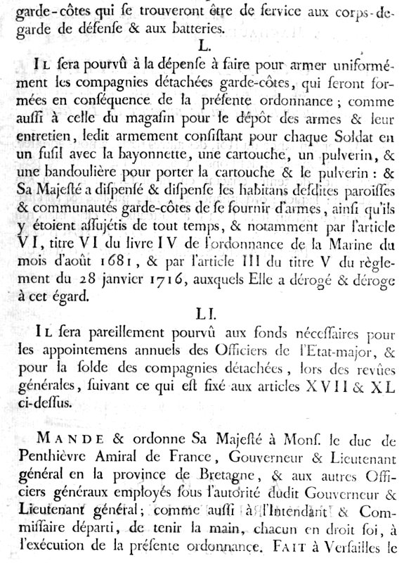 Ordonnance du Roi (1756) concernant les milices de garde-côtes (Bretagne).