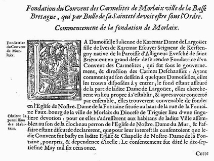 Carmes dchausses de France : fondation de Morlaix (Bretagne)