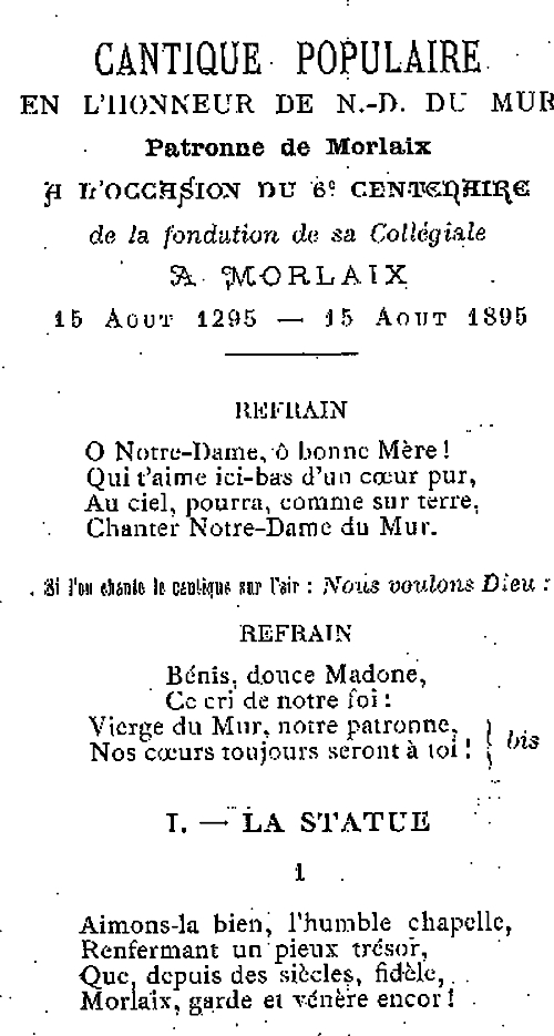 Cantique (part. 1) en l'honneur de Notre-Dame du Mur  Morlaix (Bretagne).