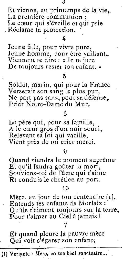 Cantique (part. 7) en l'honneur de Notre-Dame du Mur  Morlaix (Bretagne).