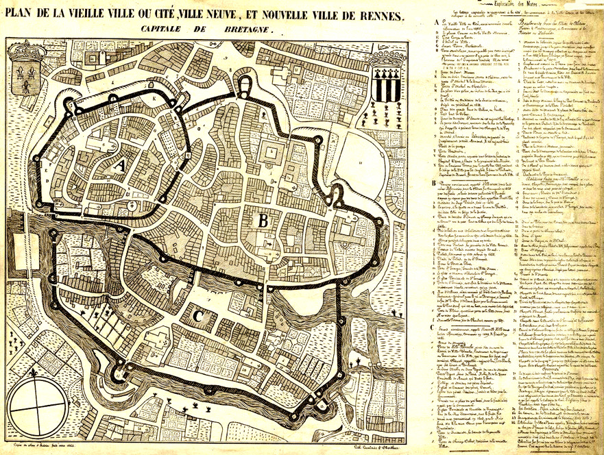 Plan de la vieille ville ou cit de Rennes et de la nouvelle ville de Rennes