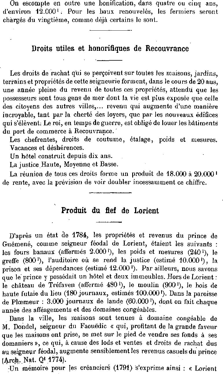 Droits utiles et honorifiques de Recouvrance (Brest) et produit du fief de Lorient.