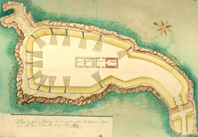 Plan du fort de Roscof et des corps de garde et magasin, sign par M. de Vauban, 15 octobre 1694